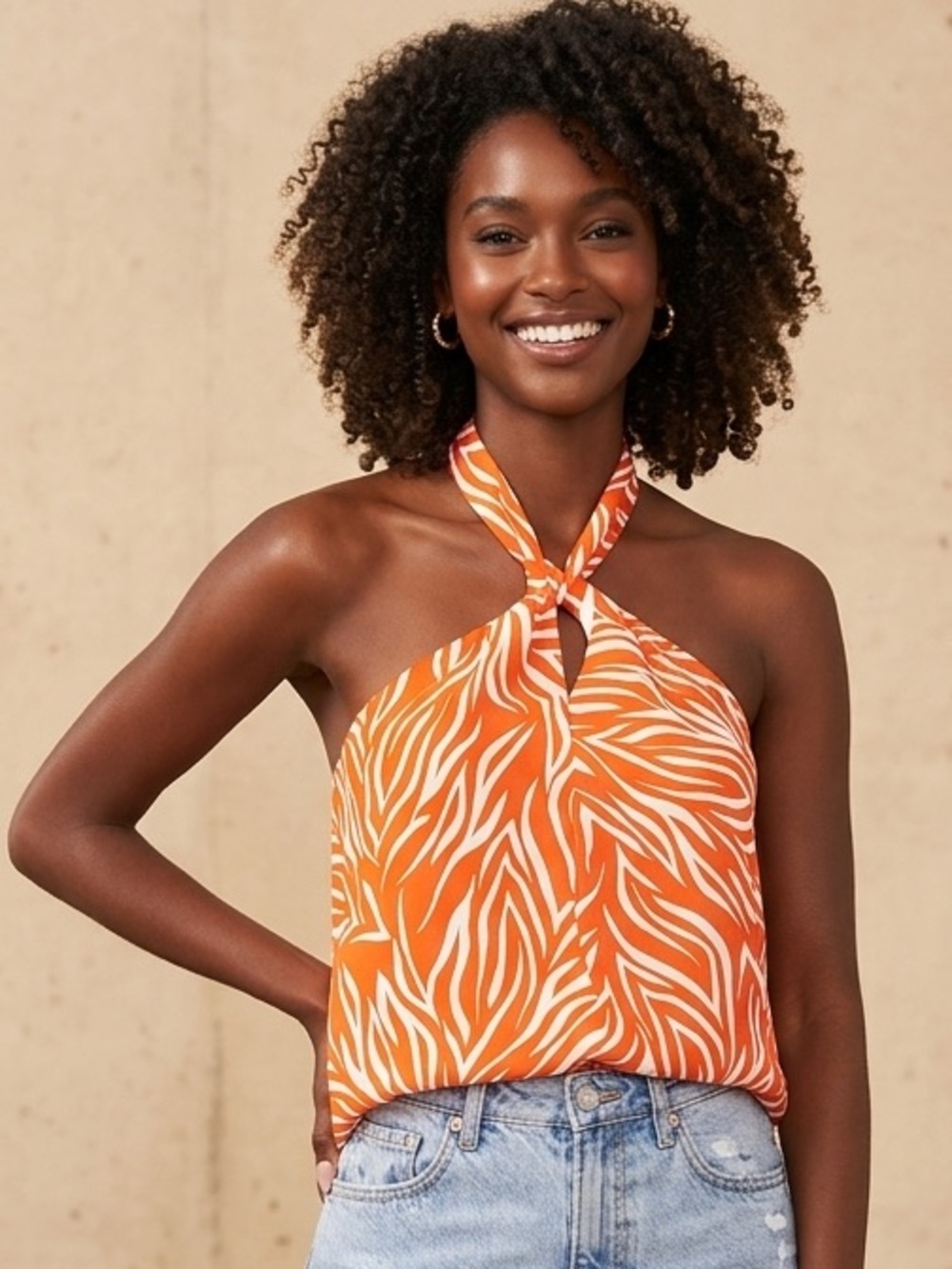 NWT Vince Camuto Sunset Orange Zebra Stripe Halter Top size Med